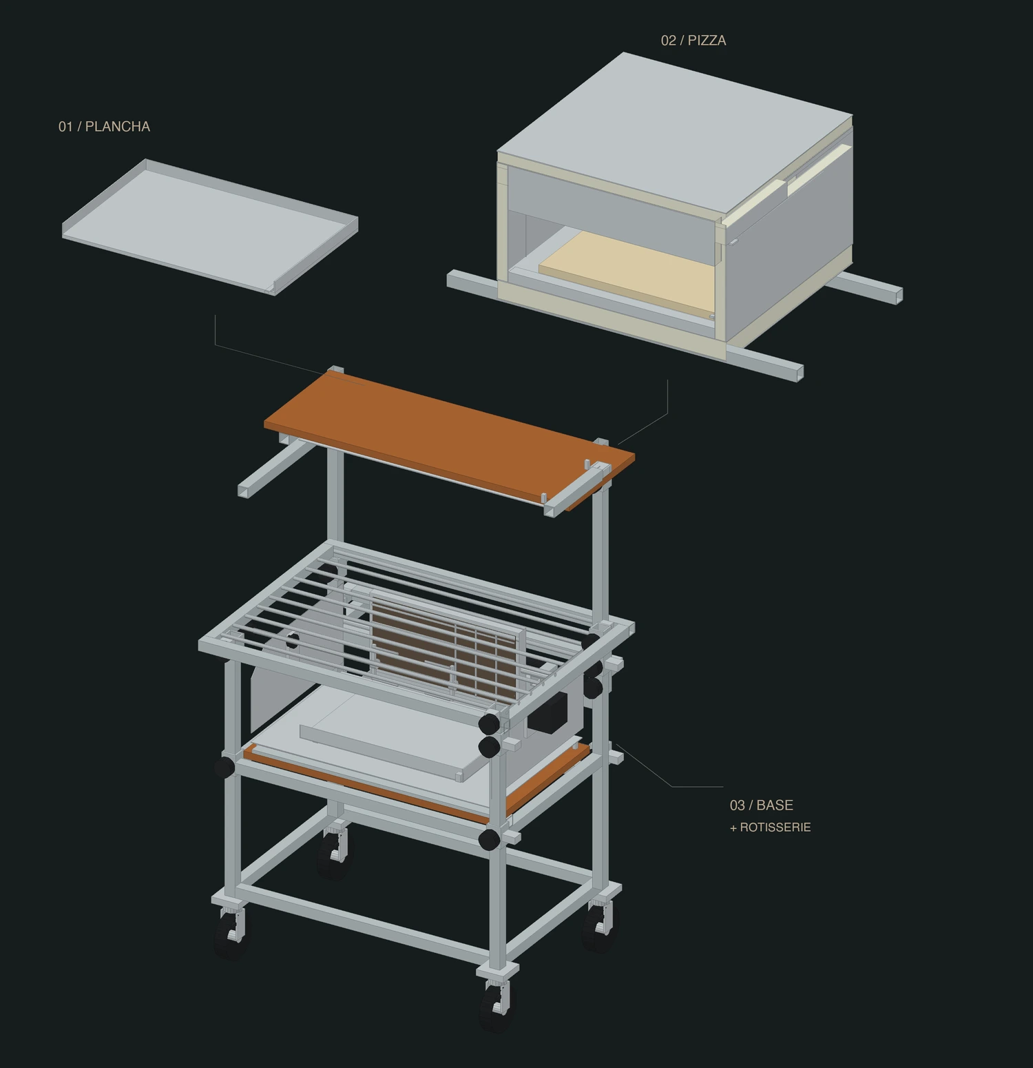 3D-concept van de open RENE trolley met horizontaal spit, met de verwisselbare plancha en pizzaoven als losse modules erboven.